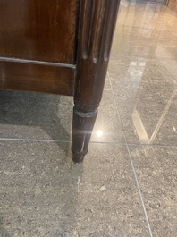 A French Louis XVI style bronze mounted wooden chest of drawers with veined grey marble top, late 19th C.