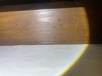 A French Louis XVI style bronze mounted wooden chest of drawers with veined grey marble top, late 19th C.