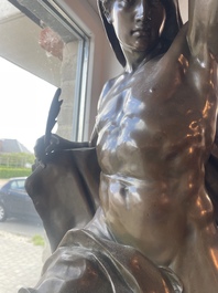 Emile Louis Picault (1833-1915): 'Ad lumen', brown patinated bronze on a vert de mer marble base, foundry mark 'E. Colin &amp; Cie Paris'