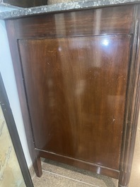 A French Louis XVI style bronze mounted wooden chest of drawers with veined grey marble top, late 19th C.