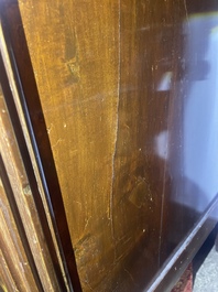 A French Louis XVI style bronze mounted wooden chest of drawers with veined grey marble top, late 19th C.