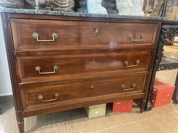 A French Louis XVI style bronze mounted wooden chest of drawers with veined grey marble top, late 19th C.