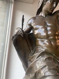 Emile Louis Picault (1833-1915): 'Ad lumen', brown patinated bronze on a vert de mer marble base, foundry mark 'E. Colin &amp; Cie Paris'