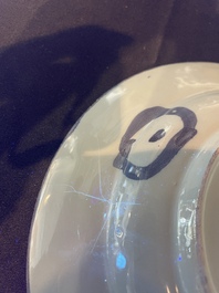 Three Dutch Delft blue and white chinoiserie plates, 17th/18th C.