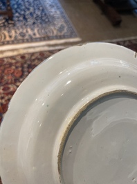 Three Dutch Delft blue and white chinoiserie plates, 17th/18th C.