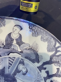 Three Dutch Delft blue and white chinoiserie plates, 17th/18th C.
