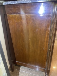 A French Louis XVI style bronze mounted wooden chest of drawers with veined grey marble top, late 19th C.