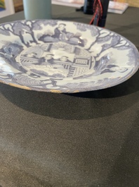 Three Dutch Delft blue and white chinoiserie plates, 17th/18th C.