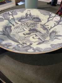 Three Dutch Delft blue and white chinoiserie plates, 17th/18th C.