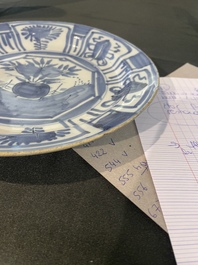 Three Dutch Delft blue and white chinoiserie plates, 17th/18th C.