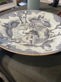 Three Dutch Delft blue and white chinoiserie plates, 17th/18th C.