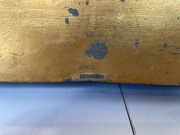 A French gilt bronze three-piece clock garniture crowned with a lady holding a jewelry box, 19th C.