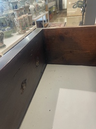 A French Louis XVI style bronze mounted wooden chest of drawers with veined grey marble top, late 19th C.