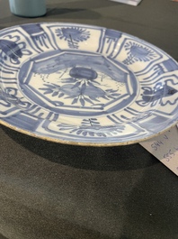Three Dutch Delft blue and white chinoiserie plates, 17th/18th C.