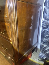 A French Louis XVI style bronze mounted wooden chest of drawers with veined grey marble top, late 19th C.