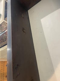 A French Louis XVI style bronze mounted wooden chest of drawers with veined grey marble top, late 19th C.