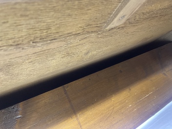 A French Louis XVI style bronze mounted wooden chest of drawers with veined grey marble top, late 19th C.