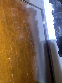 A French Louis XVI style bronze mounted wooden chest of drawers with veined grey marble top, late 19th C.