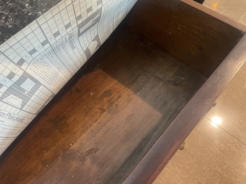 A French Louis XVI style bronze mounted wooden chest of drawers with veined grey marble top, late 19th C.