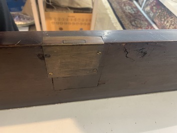 A French Louis XVI style bronze mounted wooden chest of drawers with veined grey marble top, late 19th C.