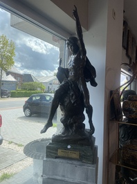 Emile Louis Picault (1833-1915): 'Ad lumen', brown patinated bronze on a vert de mer marble base, foundry mark 'E. Colin &amp; Cie Paris'