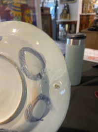 Three Dutch Delft blue and white chinoiserie plates, 17th/18th C.