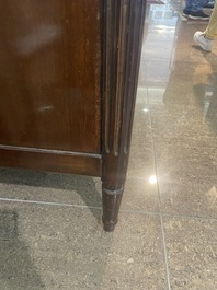 A French Louis XVI style bronze mounted wooden chest of drawers with veined grey marble top, late 19th C.