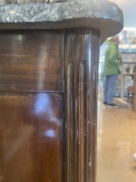 A French Louis XVI style bronze mounted wooden chest of drawers with veined grey marble top, late 19th C.