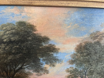 Flemish school: Two travelers and a donkey in a landscape, oil on panel, 17th C.