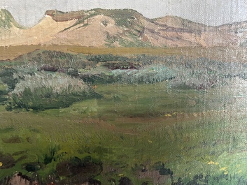 L&eacute;on Frederic (1856-1940): 'Dunes &agrave; Heyst sur Mer', huile sur board