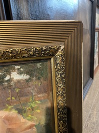 Louise De Hem (1866-1922): Portrait of a lady in a pink dress with a flower in her hand in a garden, pastel on paper marouflated on canvas