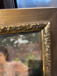 Louise De Hem (1866-1922): Portrait of a lady in a pink dress with a flower in her hand in a garden, pastel on paper marouflated on canvas