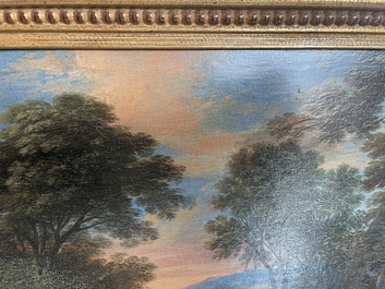 Flemish school: Two travelers and a donkey in a landscape, oil on panel, 17th C.