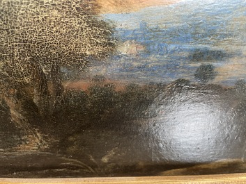 Flemish school: Two travelers and a donkey in a landscape, oil on panel, 17th C.