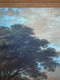 Flemish school: Two travelers and a donkey in a landscape, oil on panel, 17th C.