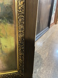 Louise De Hem (1866-1922): Portrait of a lady in a pink dress with a flower in her hand in a garden, pastel on paper marouflated on canvas