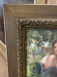 Louise De Hem (1866-1922): Portrait of a lady in a pink dress with a flower in her hand in a garden, pastel on paper marouflated on canvas