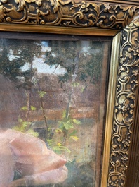 Louise De Hem (1866-1922): Portrait of a lady in a pink dress with a flower in her hand in a garden, pastel on paper marouflated on canvas