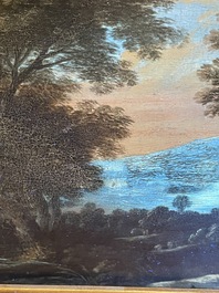 Flemish school: Two travelers and a donkey in a landscape, oil on panel, 17th C.