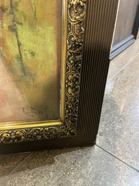 Louise De Hem (1866-1922): Portrait of a lady in a pink dress with a flower in her hand in a garden, pastel on paper marouflated on canvas