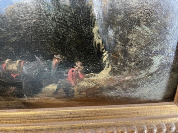 Flemish school: Two travelers and a donkey in a landscape, oil on panel, 17th C.