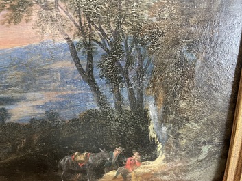Flemish school: Two travelers and a donkey in a landscape, oil on panel, 17th C.