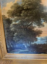 Flemish school: Two travelers and a donkey in a landscape, oil on panel, 17th C.