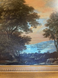 Flemish school: Two travelers and a donkey in a landscape, oil on panel, 17th C.