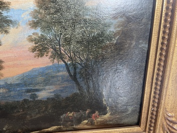 Flemish school: Two travelers and a donkey in a landscape, oil on panel, 17th C.