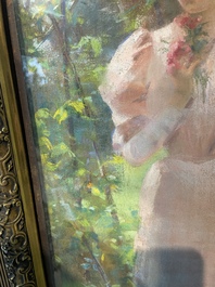 Louise De Hem (1866-1922): Portrait of a lady in a pink dress with a flower in her hand in a garden, pastel on paper marouflated on canvas