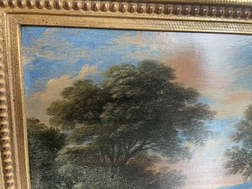 Flemish school: Two travelers and a donkey in a landscape, oil on panel, 17th C.