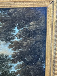 Flemish school: Two travelers and a donkey in a landscape, oil on panel, 17th C.