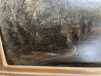 Flemish school: Two travelers and a donkey in a landscape, oil on panel, 17th C.