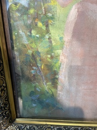 Louise De Hem (1866-1922): Portrait of a lady in a pink dress with a flower in her hand in a garden, pastel on paper marouflated on canvas